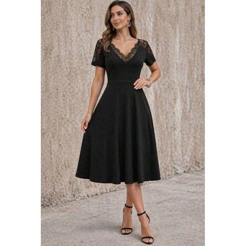Kadın Kısa Kollu V Dantel Yakalı Midi Viskon Elbise
