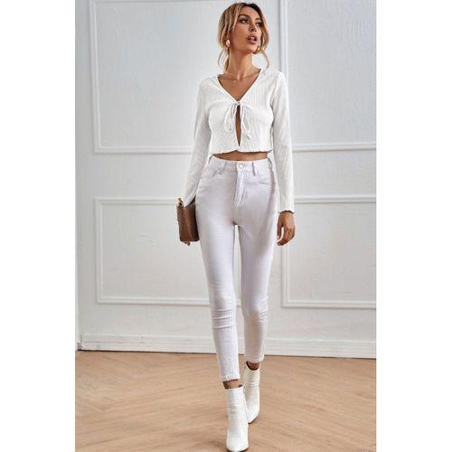 Kadın Beyaz Uzun Kollu Önden Bağlama Detaylı Crop Top Bluz