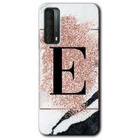 Huawei P Smart 2021 Kılıf Baskılı Kapak - Pembe Mermer Desenli E Harfi + 5D Tam Kaplayan Cam