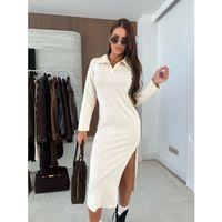 Kadın Uzun Kollu Yakalı Yandan Yırtmaçlı Midi Modal Elbise