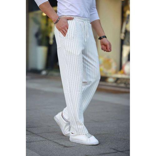 Erkek Cizgili Dokuma Krep Jogger Buggy Pantalon Rahat Kalıp - Beyaz