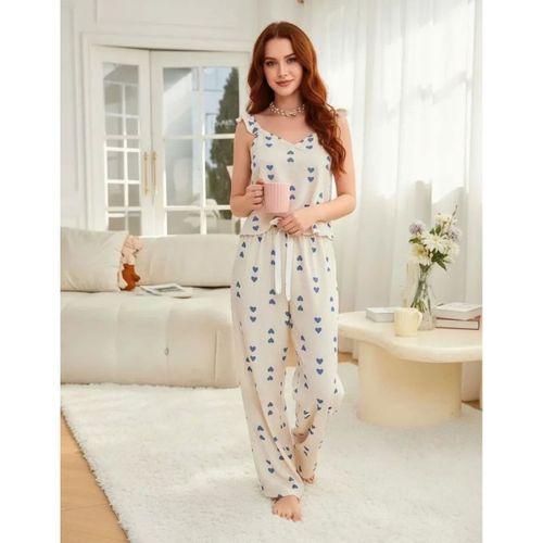 Kadın Ekru Mavi Kalp Desenli Uzun Pijama Takımı Yumuşak Pamuklu Rahat Ev Giyimi Özel Tasarım