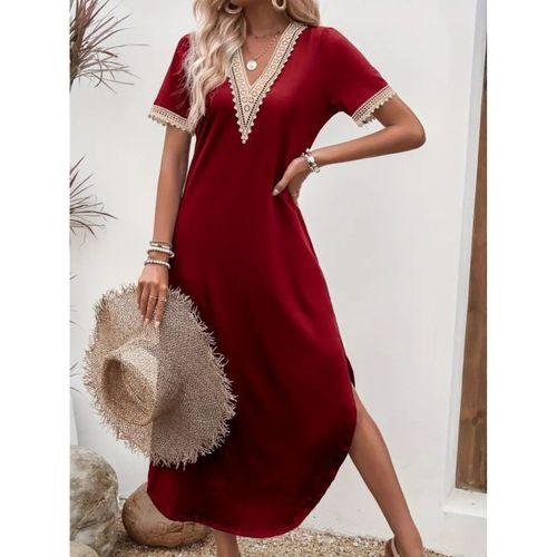 Kadın Kısa Kollu Dantel V Yakalı Uzun Viskon Elbise