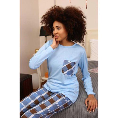 Kadın Uzun Kol Penye Pijama Takım Mavi
