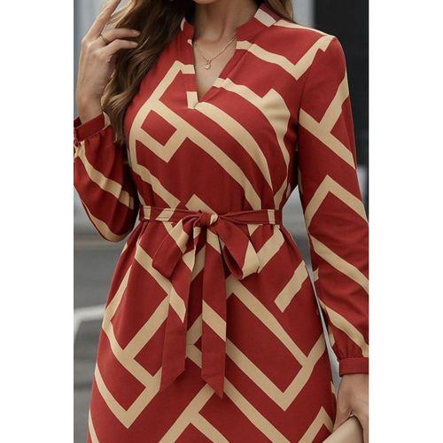 Kadın Uzun Kollu V Yakalı Desenli Belinde Kuşaklı Dalgıç Elbise