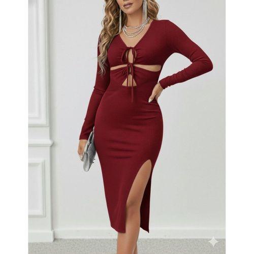 Kadın Uzun Kollu Göğüs Ve Göbek Dekolte Detay Sandy Midi Boy Elbise