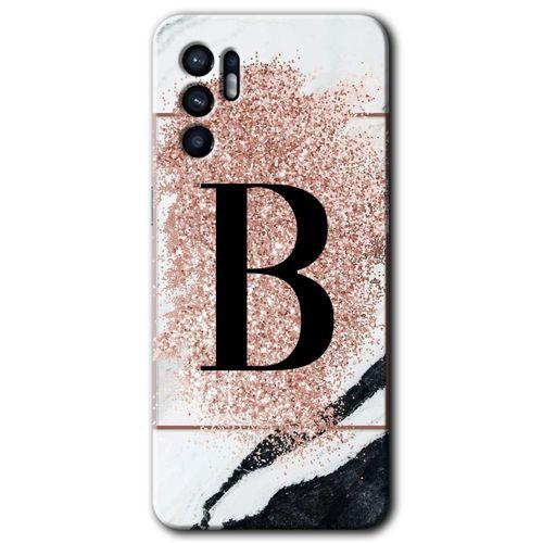 OPPO Oppo Reno 6 Kılıf HD Desen Baskılı Arka Kapak + Temperli Cam - Pembe Mermer Desenli B Harfi