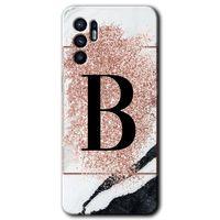 OPPO Oppo Reno 6 Kılıf HD Desen Baskılı Arka Kapak + Temperli Cam - Pembe Mermer Desenli B Harfi