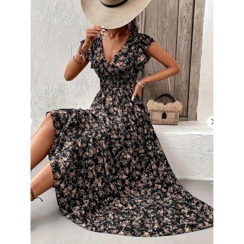 Kadın Kısa Kollu Kruvaze Yaka Beli Lastikli çiçek Desenli Elbise