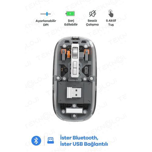 Bluetooth Usb Çift Modlu Sessiz Mouse, Type-c Şarjlı, Dpı Ayarlı, Kablosuz 10m Çekim Mesafeli, Taşınabilir Şarjlı Mouse Siyah