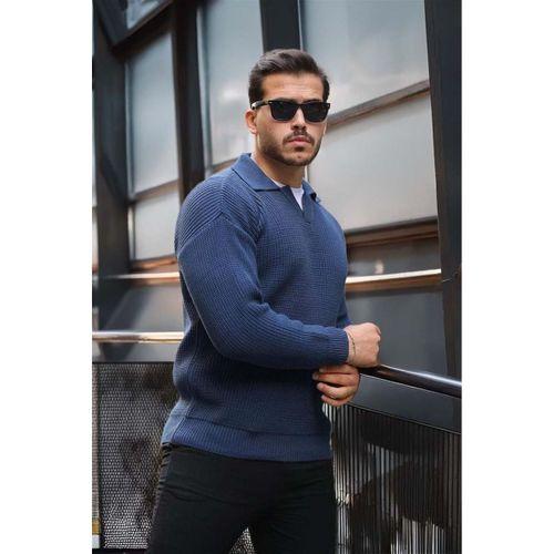 Oversize Gömlek Polo Yaka Selanik Örgülü Erkek Triko Kazak - İndigo