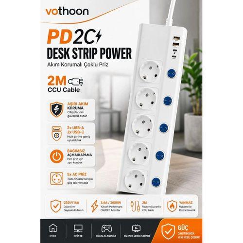 5’li Akım Korumalı Çoklu Priz 2 Metre Kablolu 3680w 16a 5 Anahtarlı 2usb-a 2 Usb-c Pd 20w Hızlı Ftr-28