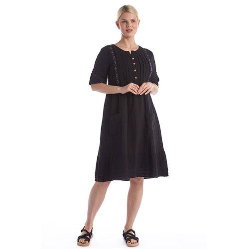 Kısa Kol Siyah Kare Yaka Cep Detaylı Midi Boy Müslin Yazlık Elbise