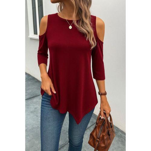 Kadın Omuzlardan Açık Sıfır Yaka Asimetrik Kesim Detay Viskon Bluz