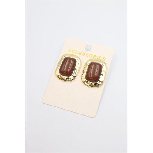 Taşlı Metal Küpe - Kahverengi