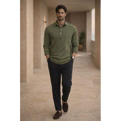 Yarım Pat Yakalı York Pamuk Kumaşlı Uzun Kollu Erkek Gömlek - Açık Haki