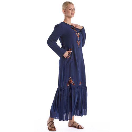 Uzun Kol Lacivert Nakış Detaylı Bağcık Yaka Cepli Vual Uzun Elbise