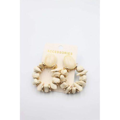 Taşlı Halkalı Küpe - Krem