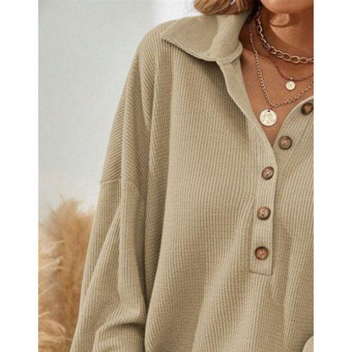 Kadın Uzun Kollu Yakalı Düğmeli Salaş Waffle Bluz