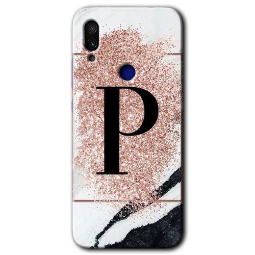 MRCİLETİSİM Xiaomi Redmi Note 7 Kılıf Baskılı Kapak - Pembe Mermer Desenli P Harfi + 5D Tam Kaplayan Cam
