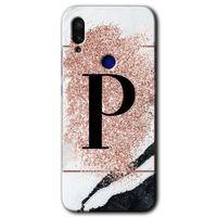 MRCİLETİSİM Xiaomi Redmi Note 7 Kılıf Baskılı Kapak - Pembe Mermer Desenli P Harfi + 5D Tam Kaplayan Cam