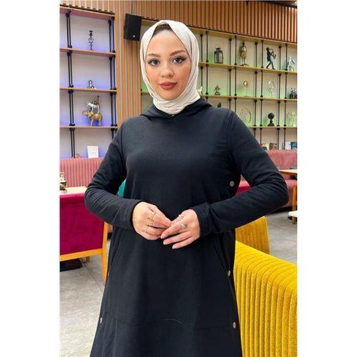 Kapşonlu Yandat Çıtçıtlı Sade Basic Uzun Tunik ve Pantolon İkili Spor Takım - 03071.003 - Siyah