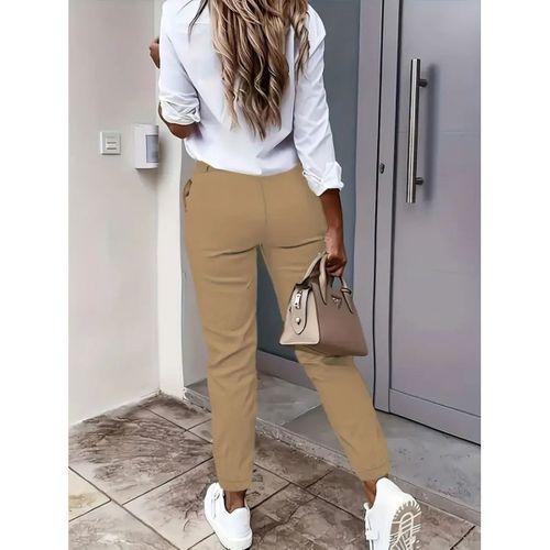 Kadın Yüksek Bel önden Düğmeli Cepli Bilek Lastik Detay Atlas Pantolon