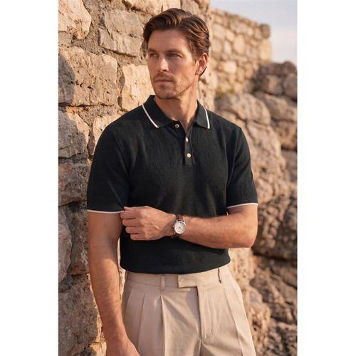 Balzac Yakası Şeritli Düğmeli Polo Yaka Basic Günlük Petek Örgü Triko Erkek T-Shirt - Siyah