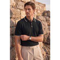 Balzac Yakası Şeritli Düğmeli Polo Yaka Basic Günlük Petek Örgü Triko Erkek T-Shirt - Siyah