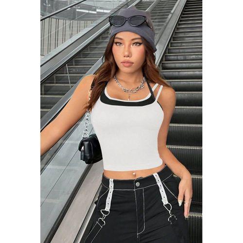 Kadın Siyah Beyaz Çift Renk Çapraz Askılı Crop Top Bluz