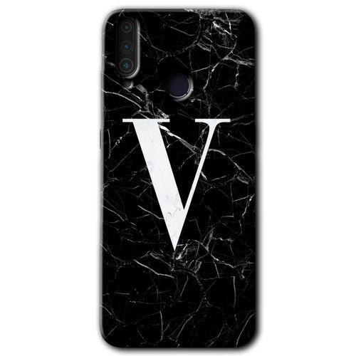 GM 10 Kılıf HD Desen Baskılı Arka Kapak - Siyah Mermer Desenli V Harfi + Kırılmaz Cam