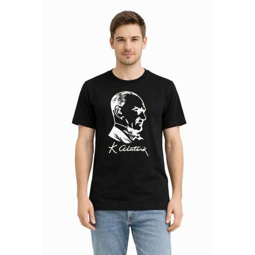 Erkek Atatürk Baskılı Tişört Kısa Kollu Bisiklet Yaka T-Shirt - Siyah