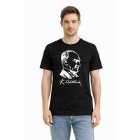Erkek Atatürk Baskılı Tişört Kısa Kollu Bisiklet Yaka T-Shirt - Siyah
