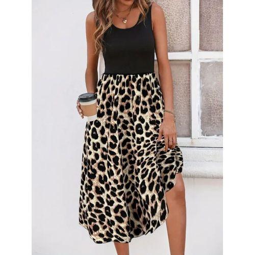 Kadın Askılı Yuvarlak Yaka üst Viskon Alt Leopar Desenli Süprem Uzun Elbise