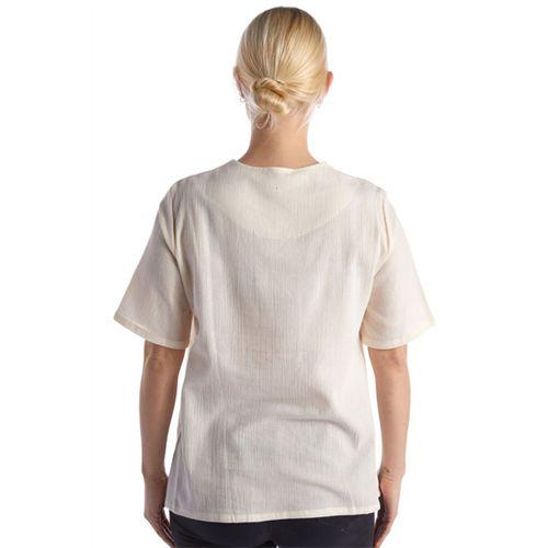 Şile Bezi Kısa Kol Krem Nakışlı V Yaka Yazlık Otantik Bluz