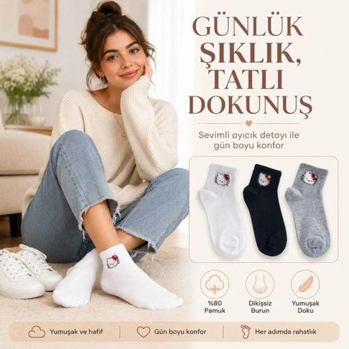 Kadın Sevimli Kedi Desenli Bilek Çorap 12'lı | %80 Pamuklu Dikişsiz, Siyah Beyaz Gri