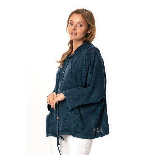 Uzun Kol Ceren Fileli Düğme Detaylı Çift Cepli Kışlık Kapüşonlu Triko Bluz Lacivert Lcvt