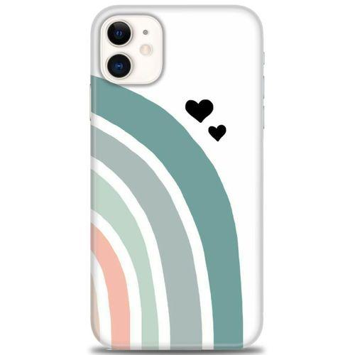 iPhone 11 Kılıf HD Baskılı Kılıf - Gökkuşağı ve Kalpler + Tam Ekran Koruyucu