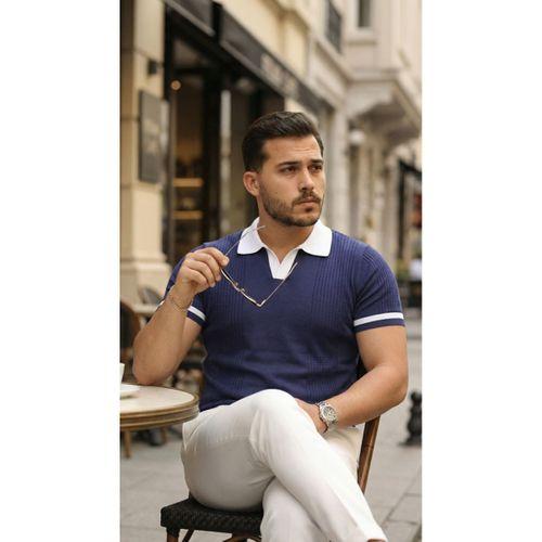 Erkek Renkli Yakalı File Desenli Kısa Kollu Tişört