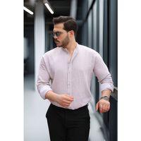 Çizgili Müslin Kumaş Yarım Pat Erkek Gömlek - Bej