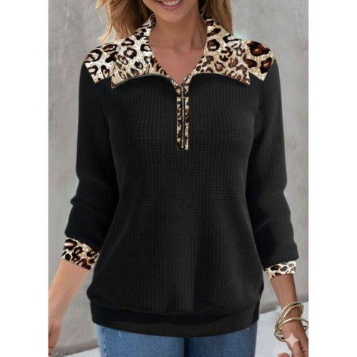 Kadın Uzun Kollu Leopar Yakalı Fermuarlı Waffle Bluz