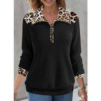 Kadın Uzun Kollu Leopar Yakalı Fermuarlı Waffle Bluz