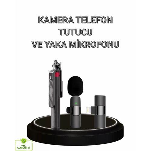 Vlog Ve Canlı Yayın İçin Çift Yaka Mikrofonu Ve Tripodlu Selfie Çubuğu Seti