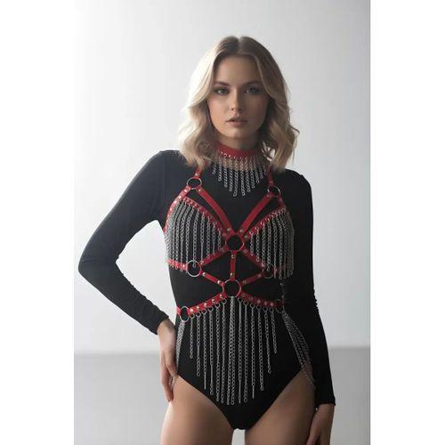 Deri Ve Zincir Detaylı Harness Takım, Deri Dansçı Kostüm, Choker Detaylı Deri Harness - Brf1397