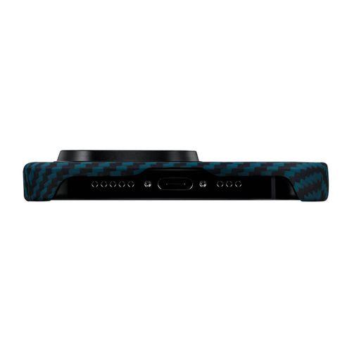 Apple iPhone 15 Pro Kılıf M-safe Şarj Özellikli 1500D Aramid Fiber Pitaka Ultra-Slim Classic Serisi Black-Blue Twill Kapak