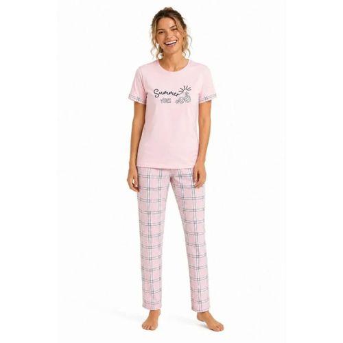 Pamuklu Penye Summer Baskılı Kısa Kollu Pijama Takımı Ekose Desenli - Pembe