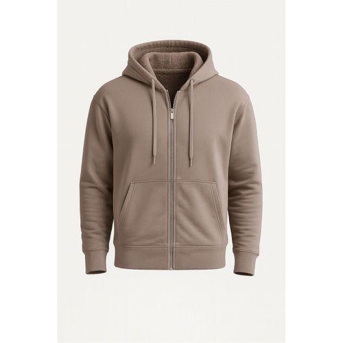 İçi Peluş Üç İplik Kumaş Oversize Fermuarlı Kapüşonlu Sweatshirt- Bej
