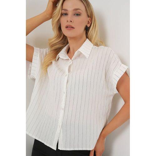 Çizgili Kısa Kol Gömlek 20327 - Beyaz