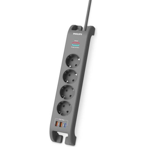 PHILIPS SPN4140GA/62, 4 Soket, Akım Korumalı Priz, 2400 Joules, 2Mt Kablo, 1xUsb-C PD 20W Hızlı Şarj, 2xUsb-A QC 18W, (Gri)