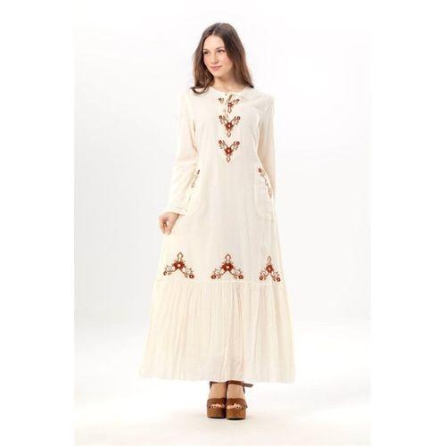 Uzun Kol Zühre Nakış Detaylı Bağcık Yaka Cepli Vual Uzun Elbise Krem Krm